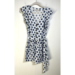 Loft Linen Blend Floral Short Romper White Blue Flutter Sleeve Pockets Size 2